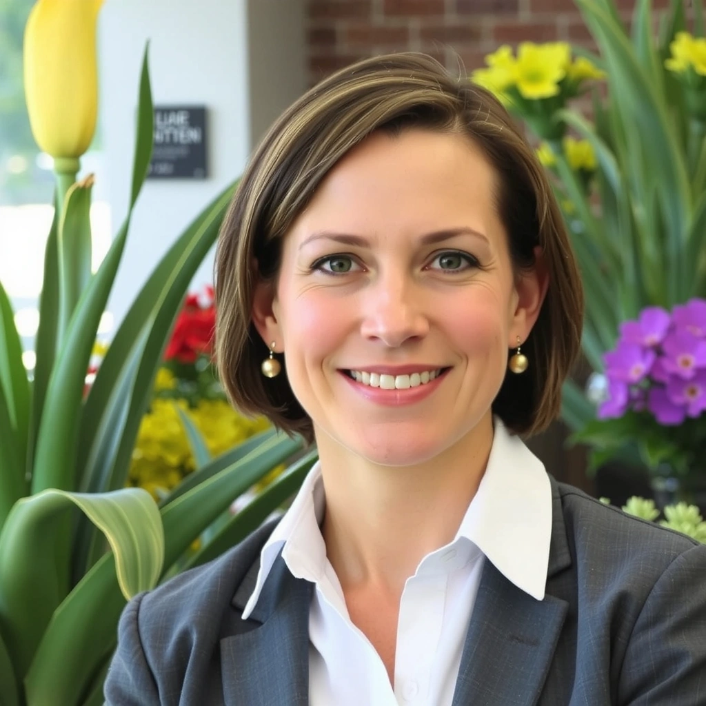 Professional portrait of a smiling woman, Dr. Elara Vance, with a background hinting at a botanical garden.