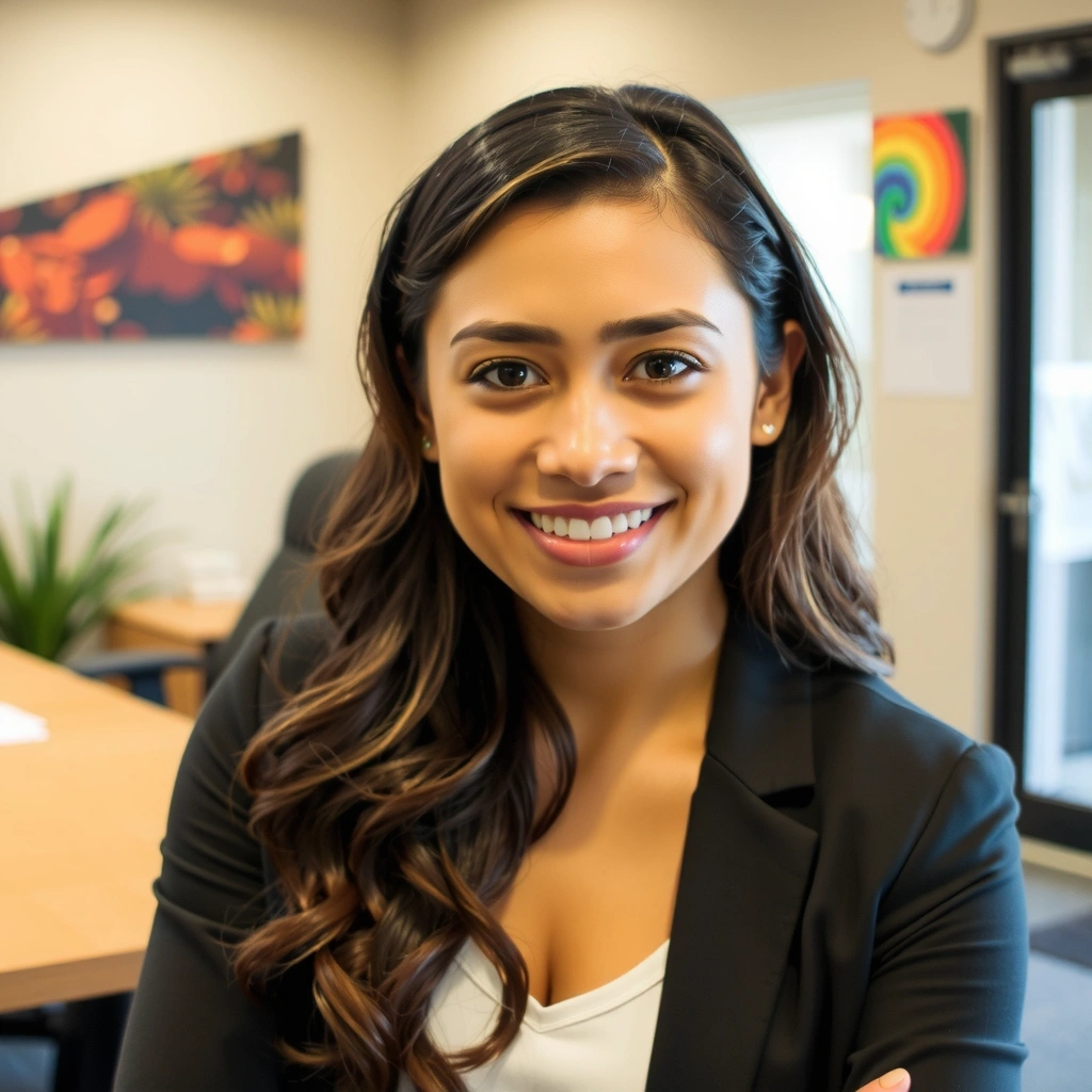 Professional portrait of a young woman, Anya Sharma, with a vibrant, nature-inspired office background.