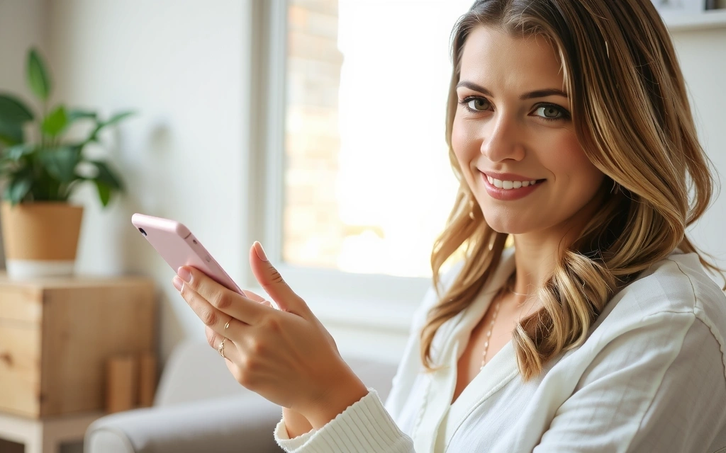 A woman happily reviewing her online order on a tablet, surrounded by natural light and healthy products, symbolizing satisfaction and trust in online shopping.