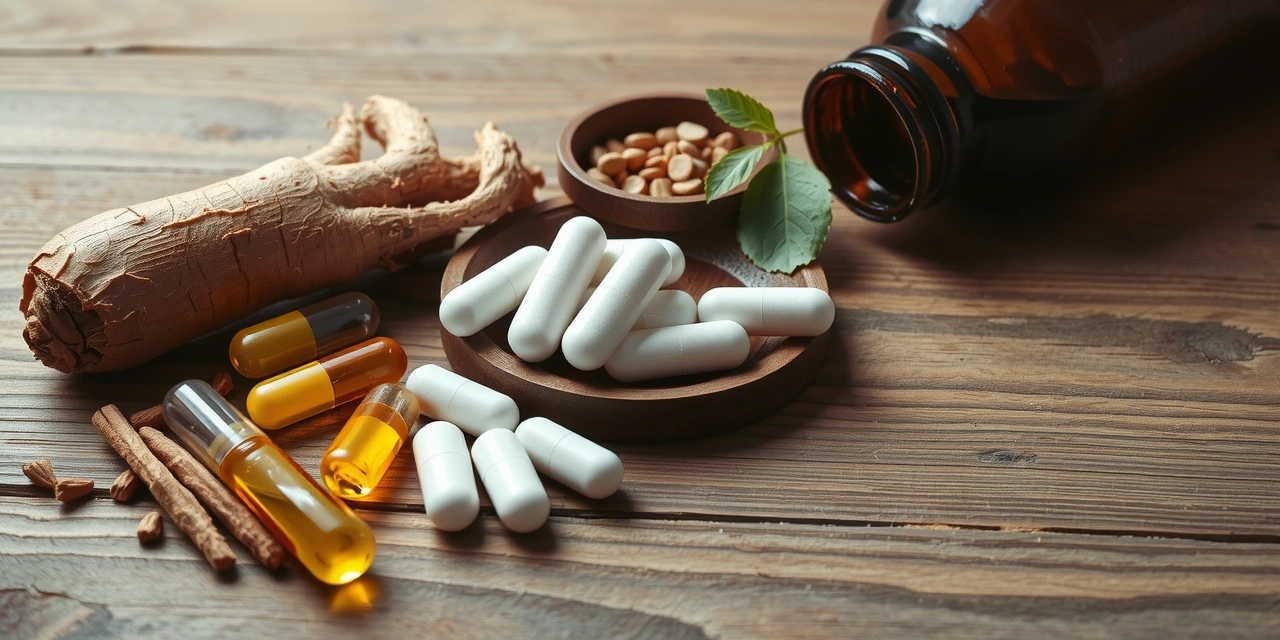 Dynamic image showcasing natural ingredients for men's health, such as ginseng, maca root, and various vitamins, arranged aesthetically on a wooden surface with a subtle glow.