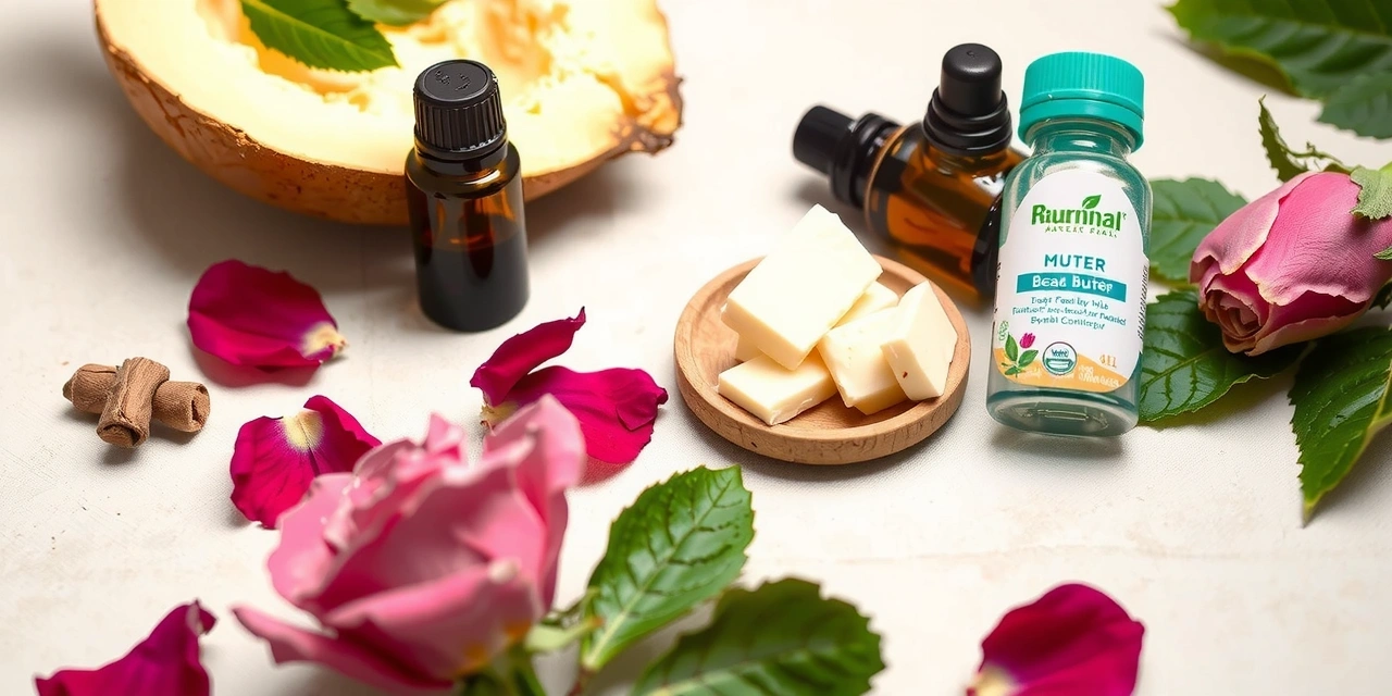Elegant display of natural skincare ingredients like rose petals, essential oils, and shea butter, beautifully arranged on a soft, light background.